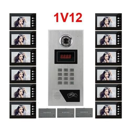 Home security Building 12-Apartments 7" LCD Video Door Phone FRID Panel CCD Outdoor Camera Video Doorbell Audio Intercom System