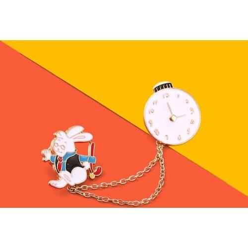 On-Time Bunny Enamel Pins Animal Bag Brooch Gentleman Lapel Pin Badge Cartoon Chain Playful Jewelry Gifts For Kids Friends