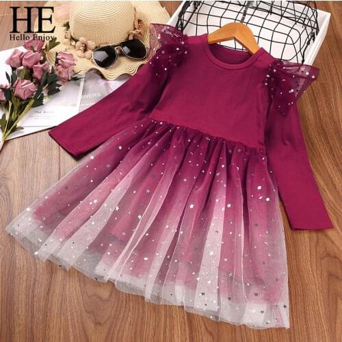 HE Hello Enjoy Girls Dresses Autumn Baby Girl Newborn Clothes Long Sleeve Printed Bow Elegant Evening Princess Dress Casual Kids