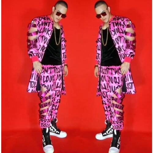 Personality Mens Fluorescent Pink Hollow out Letters Party costumes Nightclub Singer bar DJ hip-hop rock DS Costumes