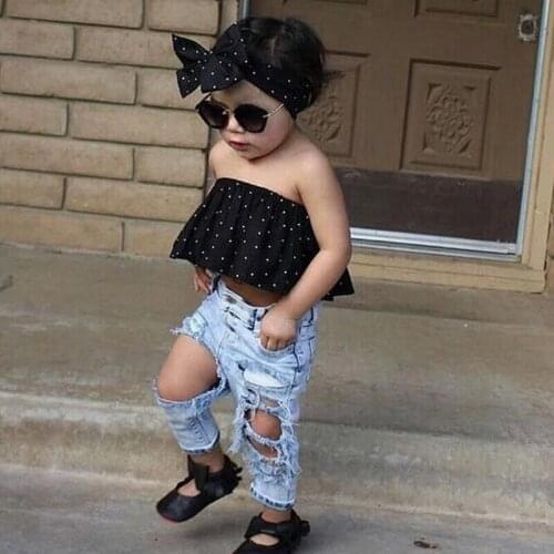Fashion Summer Newborn Baby Girls Clothes Off Shoulder Dots Wrapped Chest+Hole Denim Pants 2Pcs Clothes Jeans Pants Outfit