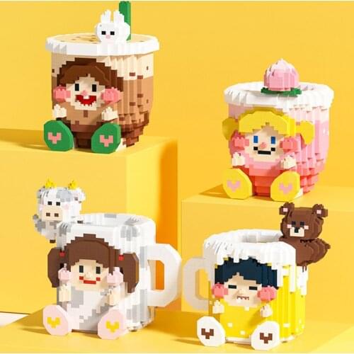 Cute Cartoon Milk Tea Cup Micro Building Blocks Toys DIY 3D Cow Pen Container Mini Diamond Brick For Kid Student Christmas Gift