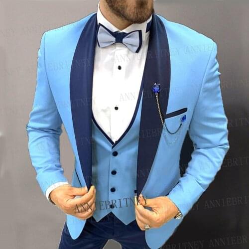 Taild Made Fashion Handsome Sky Blue Men Suits Slim Fit Groom Tuxedo For Wedding Dinner Party Male Clothing (Jacket+Pants+Vest)