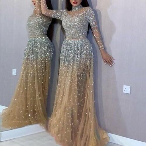 New Arrivals High Collar Long Sleeve Sequin Evening Wholesale Womens Boutique Clothing Party Dresses