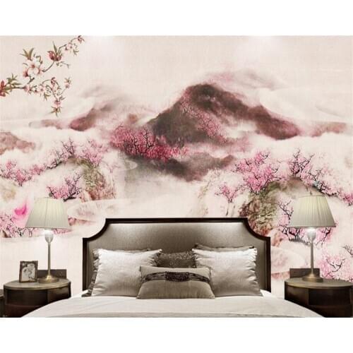 Beibehang New Chinese silk fabric papel de parede wallpaper TV background wall landscape peach blossom bedroom guest background