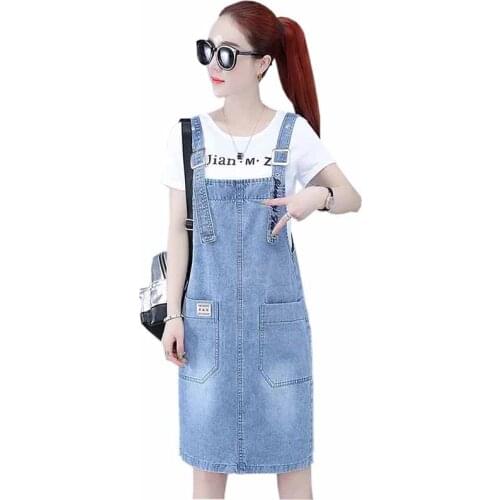 Fashion Womens Denim Suspender Dress Spring Summer Loose Student Clothing Big Pocket Adjustable Strap Casual Jean Dress KW328