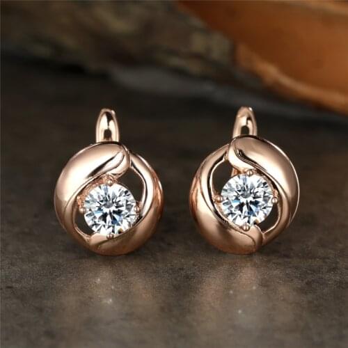 Luxury Crystal Round Stone Wedding Earrings Trendy Female White Zircon Earrings Vintage Rose Gold Color Hoop Earrings For Women