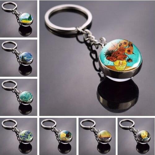 Van Gogh Famous Oil Painting Trinket Sunflowers Starry Night Double Side Keychain Glass Ball Keyring Pendant Key Holder
