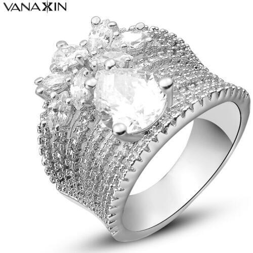 VANAXIN 2019 Charms Rings Water Drop Flower AAA Bling Bling CZ Engagement Women Shiny Birthday Gift Wide Finger Ring Jewelry Box