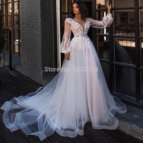 A-line Wedding Dresses Puff Sleeves V-neck Tulle Bridal Gowns Long Sleeves Vestidos De Novia Princess Party Dresses Plus Size
