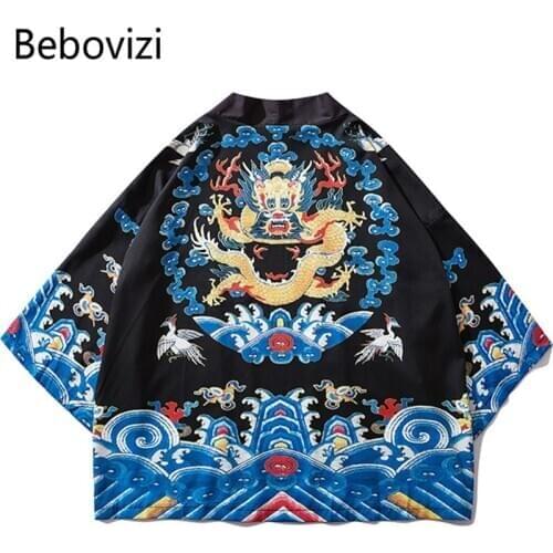 Bebovizi Vintage Chinese Style Chinese Dragon Printed Kimono Jackets Hipster Loose Thin Robe Mens Harajuku Streetwear Coat