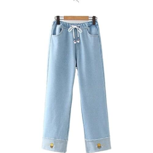 Japan Style Cuffed Frayed Feet Bee Embroidery Fleece CasualJeans Womens Wide-Leg Trousers Elastic Waist Jean Pants 2011754