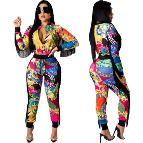 Womens Fashion Tassel Print Two Piece Set