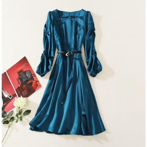 Womens European and American clothing 2021 autumn new style Lantern sleeve long sleeve square collar Fashion blue Belt dress