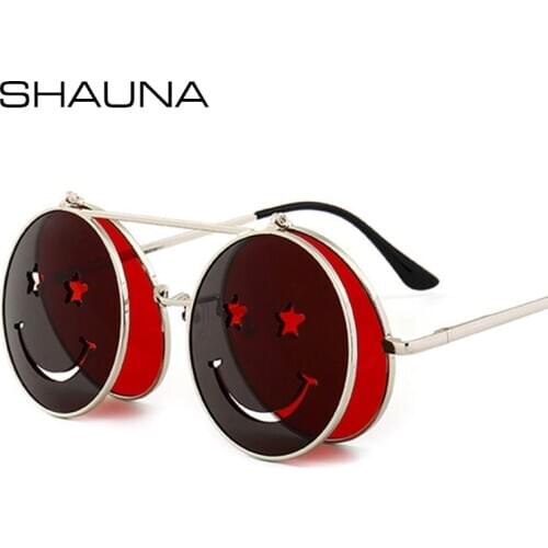 SHAUNA Spring Hinge Cute Smiling Face Women Folding Punk Sunglasses Unique Men Double Lens Tinted Steampunk Glasses UV400