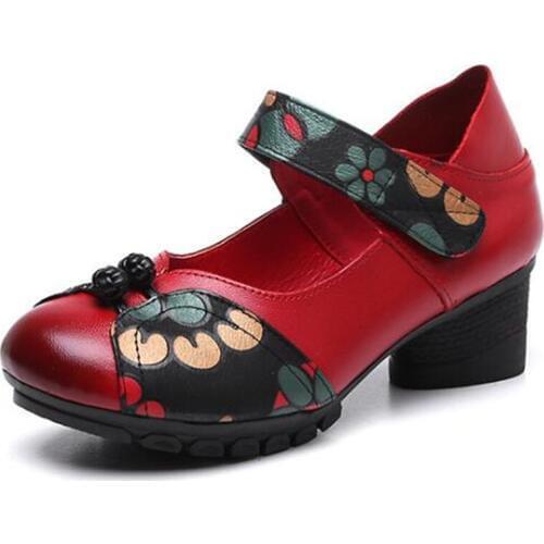 2020 Spring New Fashion Single Shoes Women Genuine Leather Shallow High Heel Shoes Classic Print Retro Shoes Women Casual Shoes