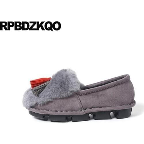Suede winter designer shoes china fur tassel flats slip on shallow large size fringe leopard print 2019 women grey round toe