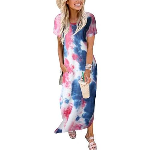 2021 Women Summer Dresses Printed Split Female Tie Dye Short Sleeve Round Neck Plus Size Dress