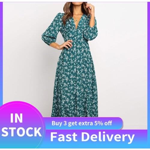 Elegant Dresses For Women Floral Printing Long Sleeves High Waist Chiffon V Neck Elegant Dress Chiffon Bohemian Dress 2021
