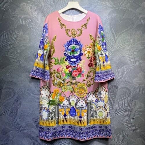 Spring 2021 runways flroal print vintage dress High quality beading womens retro print dress C627