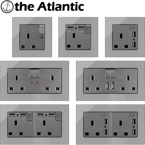13A UK Power Socket With Dual USB Charger Wall Outlet Double Socket Gray Grey Glass Frame Maldives Singapore Ireland Malta 146mm