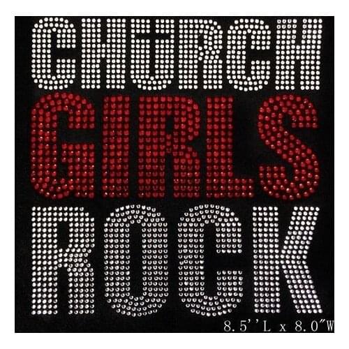 Free Shipping church girls rock rhinestone transfer designs for garment heat transfer red with white clear crystal