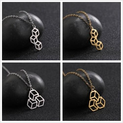 Geometric Cube Stainless Steel Pendant Necklace Women Gold Color Statement Chain Choker Necklaces Jewelry Gift for Girls
