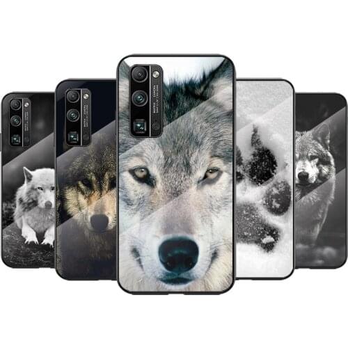 Tempered Glass Cover Cute Black Wolf Print For Huawei Honor 30 20 10 9X 8X Pro Plus Lite Shockproof Shell Phone Case