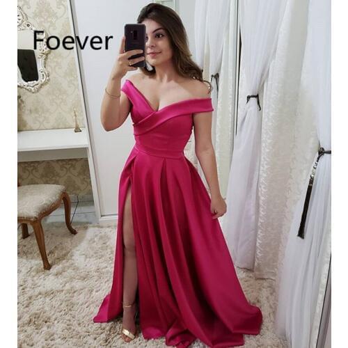 A-line Long Satin Prom Party Dresses Side Slit Simple Off Shoulder Formal Dress vestido de festa longo Evening Gowns