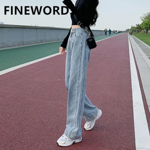 FINEWORDS High Waist Loose Plus Size Womens Jeans Korean Casual Vintage Wash Jeans Blue Full Length Zipper Wide Leg Denim Pants
