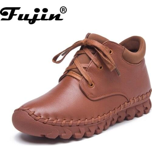 Fujin 2021 genuine leather boots snow ankle lace up soft comfortable sole plush fur warm women winter boots shoes autumn