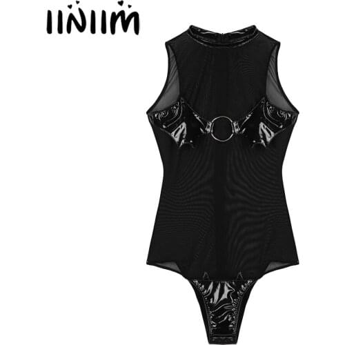 Iiniim Womens Leotard Teddies Patent Leather Patchwork Bodysuit Mock Neck Sleeveless See-through Mesh Catsuit Cosplay Costume