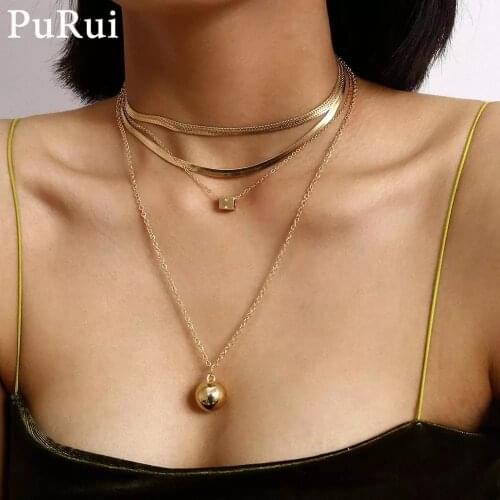 PuRui Punk Layered Chocker Necklace Long Cuban Link Chain Gothic Bead Square Pendant Necklace for Women Gold Color Charm Jewelry