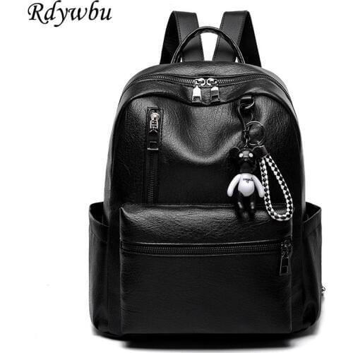 Rdywbu Girls Fashion Black Backpack With Pendant Large Capacity Teenager School Book Bag Big PU Leather Travel Bag Bolsas B526