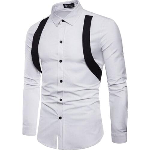 Mens Shirt Long Sleeve Turn Down Collar Solid Color Cardigan Shirt with Strap Casual Single-Breasted Slim Type Tops