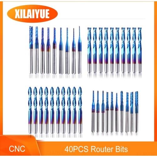 40PCS Nano Blue Coat End Mill Bits Set, 1/8" Shank, Flat Nose/Ball Nose