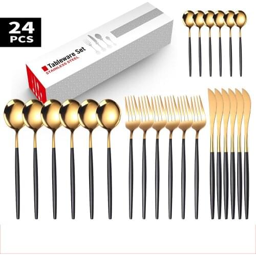 24pcs Gold Dinnerware Set Mirror Stainless Steel Tableware Set Knife Fork Coffee Spoon Flatware Set Dishwasher Safe Cutlery Set