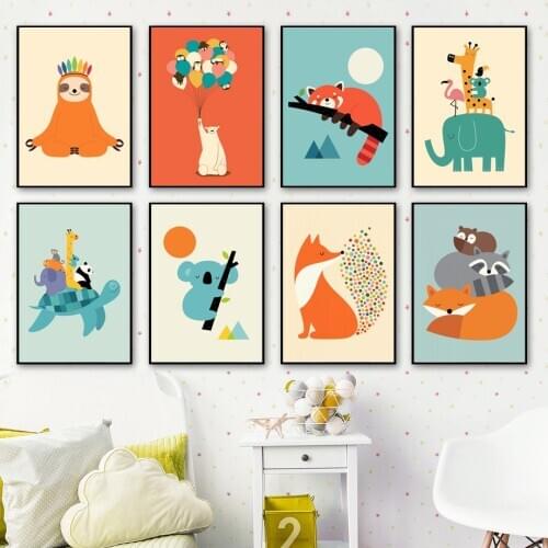 Wall art Nordic children poster koala sloth fox elephant raccoon cartoon animal print childrens room decoration modular picture
