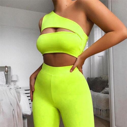2019 New Arrival Hollow Out Two Piece Set One Shoulder Women Sports Sets Summer Hip Push Up Tracksuit Crop Top Sports Suits