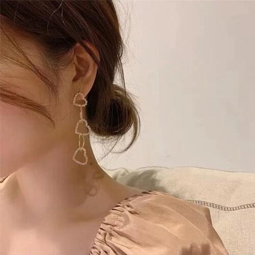 New Korean Rhinestone Heart Tassel Long Drop Earrings For Women Girls Shiny Crystal Holiday Pendientes Mujer Moda Jewelry Gifts