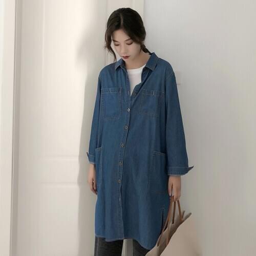 Maternity Clothings Elegant SpringAutumn Pregnant women Loose Denim Shirt Retro Long Blouse Pockets Single-Breasted Ladies Tops