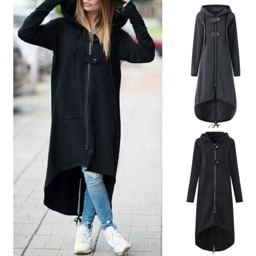 Cloak Womens Solid Zipper Long Coat Windproof Hoodie Jacket Outwear Plus Size