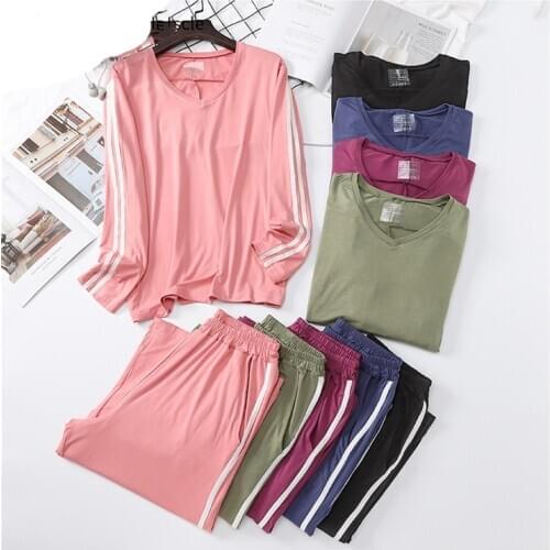 Stripe Modal Pajamas Set Long Sleeve Shirt Pants 2Piece/Set Sexy Sport Set Mom Big Size Cozy Elastic Homewear kPaCotAkoWka