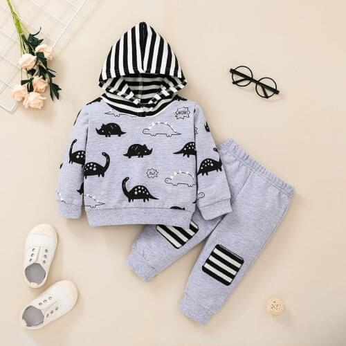 FOCUSNORM Infant Baby Boys Casual 2pcs Clothes Set Cartoon Dinosaur and Letters Printed Hoodie Tops Pants 0-24M