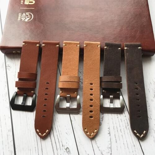 22mm Italy Leather Handmade 22mm Vintage Black Brown Italy Calf Leather Strap, Retro Watchband For Pam And Big Watch