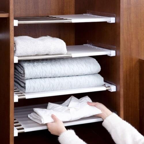 Wardrobe Retractable Storage holder Shelf RackCabinets Layered partition shelf Kitchen holder bedroom paste type organizer