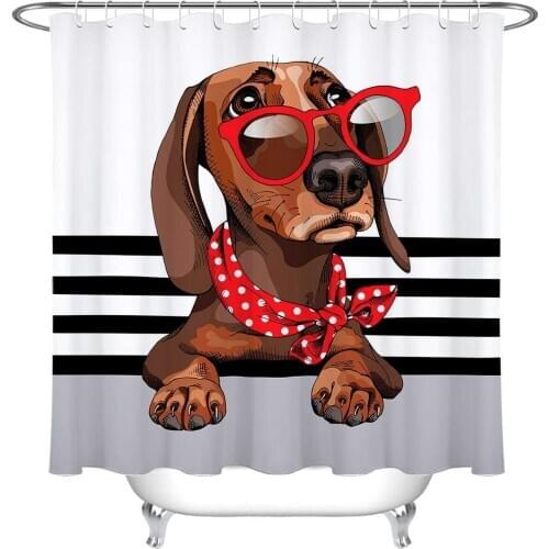Dog with Red Sunglasses Shower Curtain Bathroom Durable Fabric Mold Bathroom Creative Pendant with 12 Hooks 180X180cm