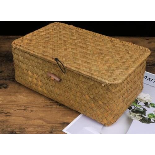 Straw Basket with Lid Rattan Woven Basket Desktop Clothes Sundries Storage Box for Bedroom Home Decor