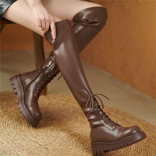 Thigh High Creepers Women Leather Chunky Heels Over The Knee High Boots Female Round Toe Fashion Sneakers Platform Oxfords Shoes