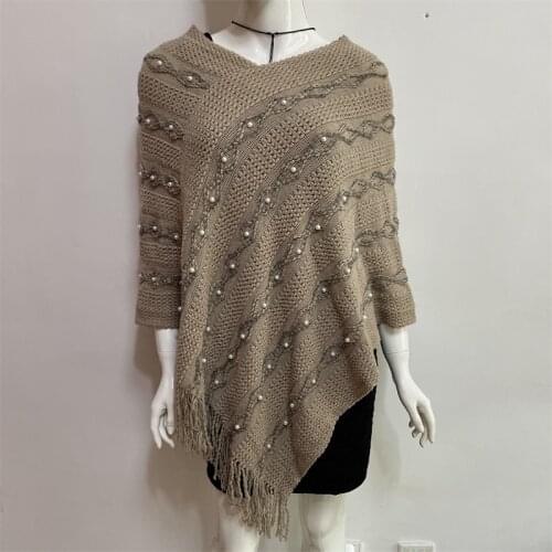2021Autumn Winter Sweater Pullover Women V Neck Batwing Stripes Fringed Beaded Stitching Irregular Top Poncho Shawl Cape Sweater